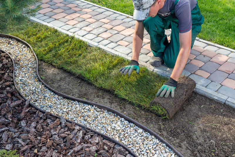 A man lays out sod grass next to a walkway. 