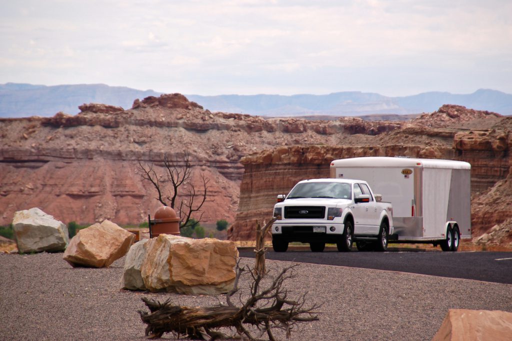 Green River, United States - September 7th 2014. 2014 model year Ford F-150 with a trailer parked at a rest stop along Interstate 70.