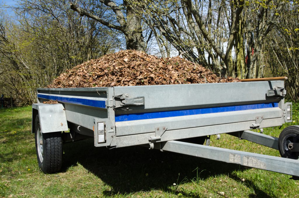 utility trailer - Small trailer loaded with dry leaves when the garden is cleaned up at spring